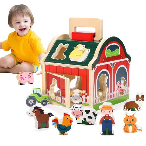 Wooden Montessori Farm Animals Toys for 3 Year Old, Take-Along Barn Toy for Toddlers 3, Learning Educational Toys for 3 Year Old Boys Girls