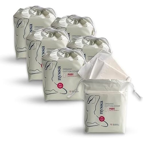 Nyssa Regular Absorbency Period Pads – Organic Cotton Cover – Dual-Winged Feminine Pads, 9.5” Length, Chlorine-Free Core, Comfortable Everyday Protection (6 Packs, 72 Liners Total)