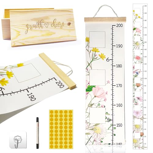 Wildflowers Baby Growth Height Chart with Keepsake Box Hook Pen Set 79 Inches Removable Ruler Measuring Chart Waterproof Canvas Measure Removable Wall Decor for Baby Kids Toddlers (1, Wild Flower)