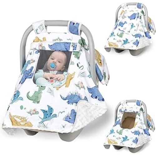 Baby Carseat Seat Cover Boys, Winter Carseat Canopy, Cozy & Warm Cover with Zipper Peep Windows, Infant Minky Carrier Cover, Soft Breathable, Baby Must Have, White Dinosaur