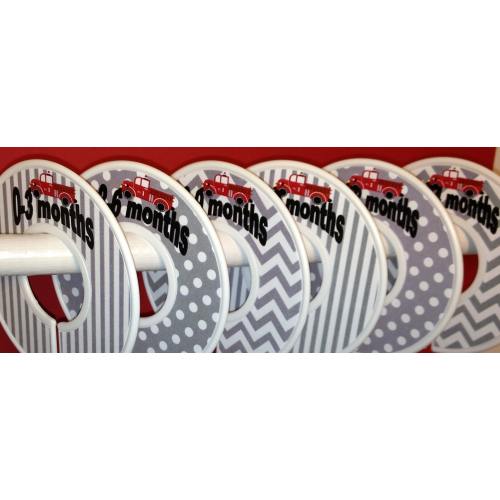 Baby Closet Dividers - Red Firetrucks with Grey Chevrons Dots Stripes Firefighter Fireman Nursery CD550 Baby Shower Gift