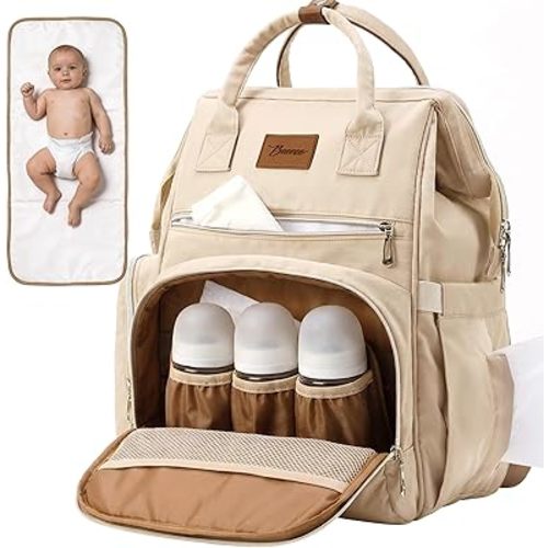 Diaper Bag Backpack, Large Capacity Baby Bag with 14 Pockets, 3 Insulated Bottle Pockets, Changing Pad, Wet/Dry Pocket, Stroller Straps and Luggage Sleeve, Unisex for Mom and Dad, 27L Beige