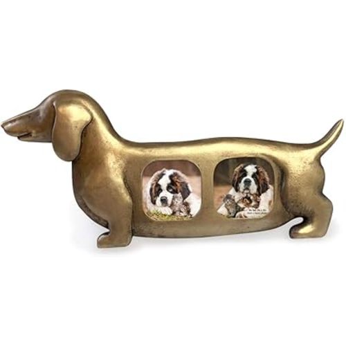 Isaac Jacobs Double 2x2 Resin Sentiments Dog Shaped Picture Frame, Photo Gift for Pet Puppy, Tabletop, Desktop & Wall Display (2x2, Gold)