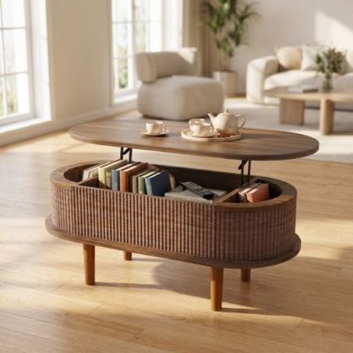 Modern Oval Fluted Lift Top Coffee Table with Hidden Storage, Mid-Century Wood Center Table for Living Room Office, Warm Walnut