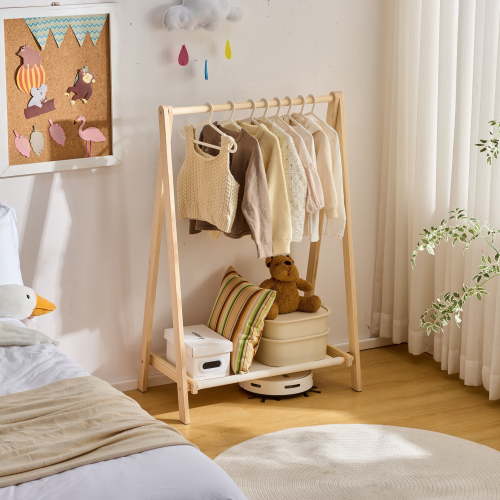 BALANBO Kids Clothing Rack, 39.4" Foldable Baby Garment Rack for Hanging Clothes, Toddler Dress Up Rack Storage for Coats, Natural Wood Finish