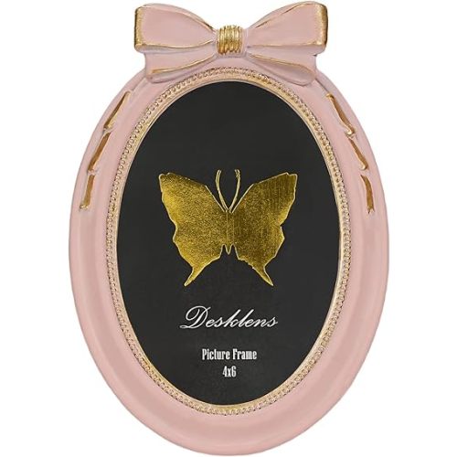 Pink Oval Picture Frame 4x6 Elegant Bow Photo Frame, Wall & Tabletop Display, Vintage Decor for Living Room Bedroom Office Dining Room, Perfect Birthday, Anniversary, Mother’s Day Gift for Women