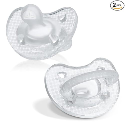 Chicco PhysioForma Luxe Orthodontic Pacifier for Babies 0-6 Months, One-Piece 100% Soft Silicone, Supports Breathing, Textured Shield & Handle, Included Sterilizing Case, BPA Free, 2-Pack, Crystal