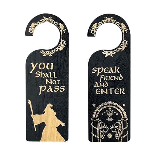 2 Pack Rustic Funny Lord of the Rings Wooden Door Knob Signs, One is Speak Friend and Enter Welcome hanger sign, The Other One is You Should Not Pass Hanging Wood Tag (Large Black)