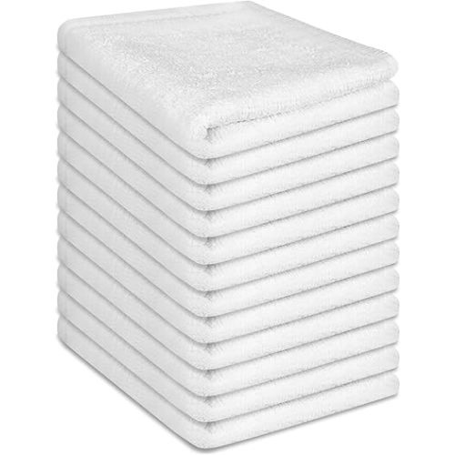 12 Pack 100% Cotton Wash Cloth, 12x12 Inch Highly Absorbent and Soft Feel Fingertip Towels, Machine Washable Washcloths for Bathroom, Gym, Hotel, Spa and Kitchen, White