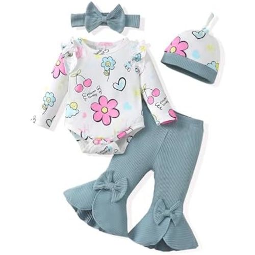Newborn Baby Girl Clothes Infant Winter Fall Outfits Clothing Romper Ribbed Bell Bottoms Flared Pants Outfit Sets