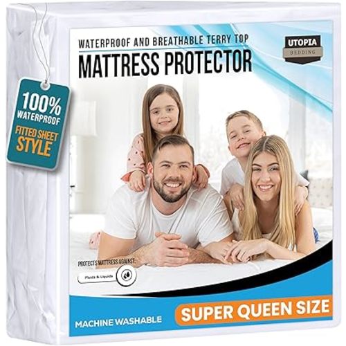 Utopia Bedding Waterproof Mattress Protector Super Queen Size, Premium 200 GSM Terry Mattress Cover, Soft & Breathable Bed Cover, Fitted Sheet Style with Stretchable Deep Pockets 17" (White)