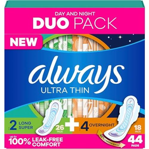 Always Ultra Thin Pads Duo Pack, Feminine Pads with Wings for Women, Size 2 Long Super and 4 Overnight Absorbency, Unscented, Up to 100% Leak-Free Protection, 44 CT