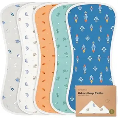 Organic Burp Cloths Baby Boy & Girl - 5-Pack Super Absorbent Cotton Burping Cloths for Babies, Soft & Plush Newborn Spit Up Rags, Infant Towels for Milk Spit Up, Unisex, Large 21" x 10" (Cosmo)