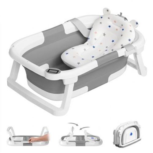 TUMAJUP Collapsible Baby Bathtub for Infants and Toddlers with Soft Cushion and Thermometer, Gray