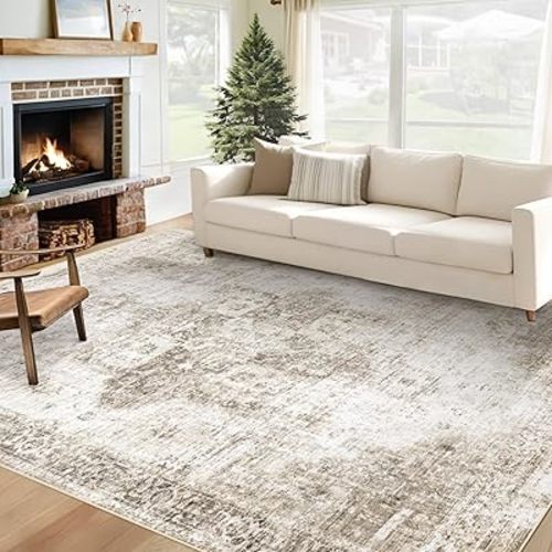 Area Rug 6x9 Washable Rug, Vintage Boho Medallion Rugs Non-Slip Soft Low Pile Large Distressed Rug Indoor Retro Carpet for Living Room Bedroom Dining Room Home Office (Taupe, 6'x9')