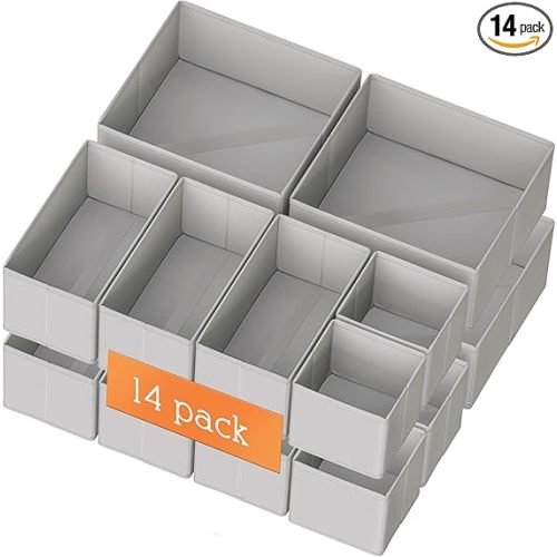 Criusia Drawer Organizer Clothes, 14 Pack Dresser Organizer for Baby Clothes, Underwear, Sock- Foldable Closet Organization and Storage Dividers Bins for Nursery, Bedroom and Dorm (Grey)