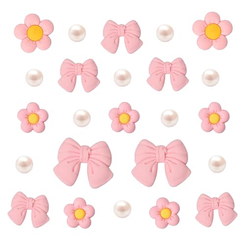 Resin Pink Bow Shoe Charms for Girls, 24Pcs Cute Flower Accessories for Clog Sandals, Pearl Decoration for Women, DIY Party Favor