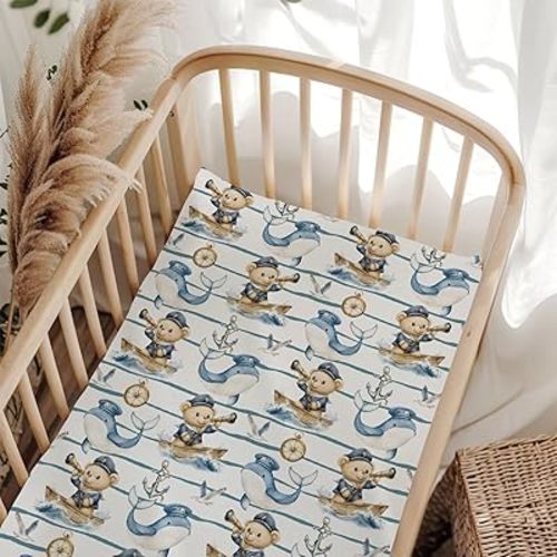 Cute Nautical Life Sailor Bears Whales Baby Crib Sheet for Boys & Girls 28x52 Inch Breathable Blue Ship Anchors Compass Baby Sheet for Standard Crib and Toddler Mattress Sea Ocean Sheets