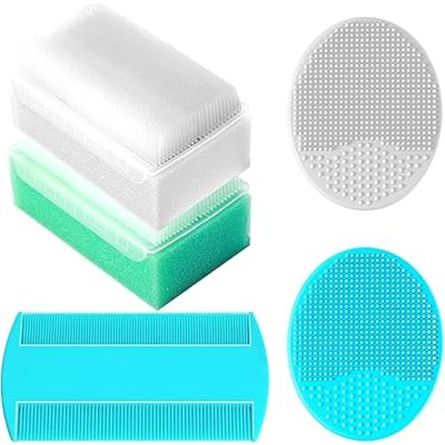 Cradle Cap Brush for Babies, Baby Bath Essentials with Silicone Scrubber Bath Sponge Dual-Sided Comb for Newborns Toddlers Boys Girls (Green, Set of 5)