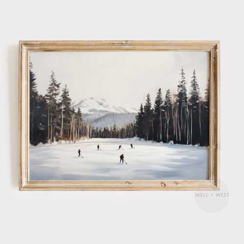 Hockey Players Print | Vintage Style Outdoor Skating Painting | Boys Room Printable Art | Sports Office Decor | Hockey Nursery Art | P557
