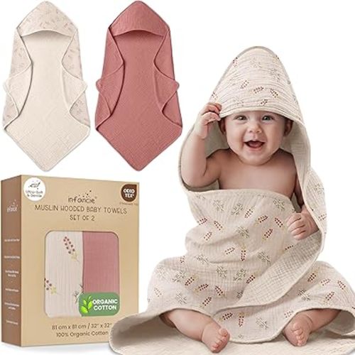 Organic Cotton Muslin Baby Hooded Towels - 32x32 Inch, 2 Pack Newborn Bath Towels for Boys & Girls, Soft & Absorbent Bath Set (Pink/Floral)