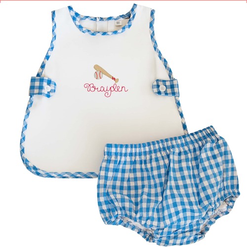 Blue Baseball Gingham Bloomer Set