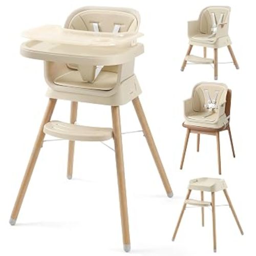 Mallify 6-in-1 Baby High Chair, Booster Seat for Dining Table, Convertible High Chair for Babies and Toddlers, Easy Clean Infant Highchair with Removable Double Tray & 5-Point Harness, Beige
