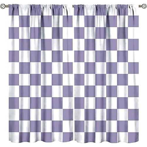 Checkered Curtains Lavender Purple Cute Retro Checkboard Vintage Aesthetic Curtain with Rod Pocket for Bedroom Living Room Home Decor Drapes Window Treatments 2 Panels Set 72" W X 63" L