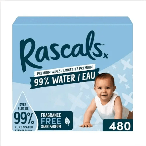 Rascals 99% Water Premium Baby Wipes, 480 Count, Plastic-Free, Hypoallergenic, pH Balanced, Gentle Daily Use