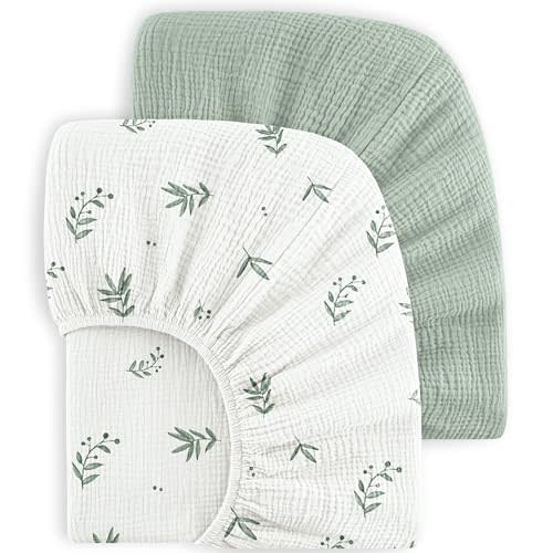 Bearmoss Muslin Crib Sheets 100% Cotton Baby Crib Sheets Fitted for Standard Crib Mattress & Toddler Bed Mattress 52"x28" Soft Breathable Crib Sheet Neutral for Boys Girls - 2 Pack (Bamboo)