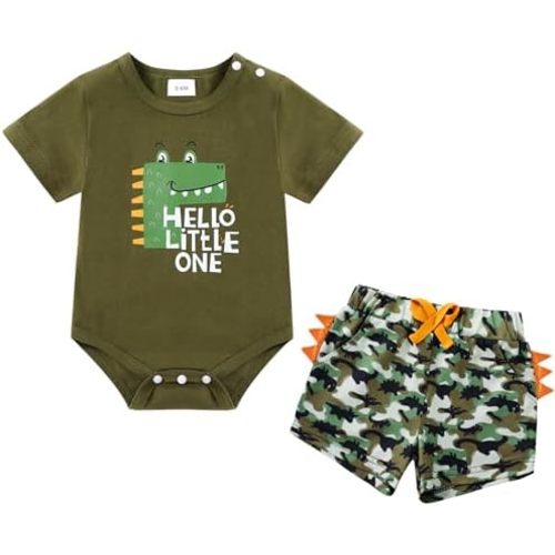 Coco&RARA Baby Boy Clothes Newborn Summer Short Sleeve Cotton Crew Neck Button Crotch Romper Short Set Infant Boy Clothes