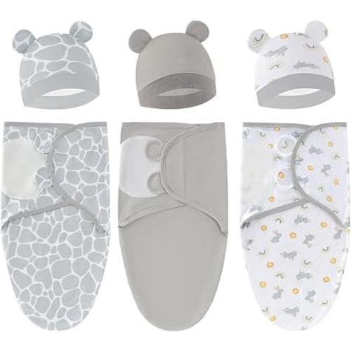 3-Pack Unisex Baby Swaddles for Newborns with Bear Hat Grey Rabbit