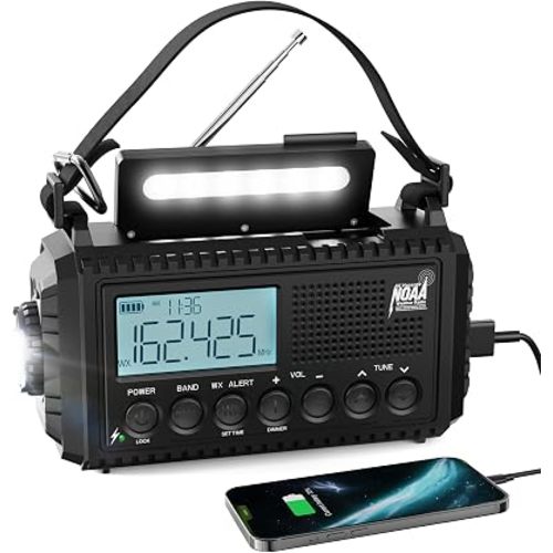 Raynic NOAA Weather Radio, 5000mAh/18500mWh Solar Hand Crank Emergency Radio, Battery Powered Portable Radio with AM/FM/SW/NOAA, Cell Phone Charger, Type-C Charging, Flashlight and SOS Siren