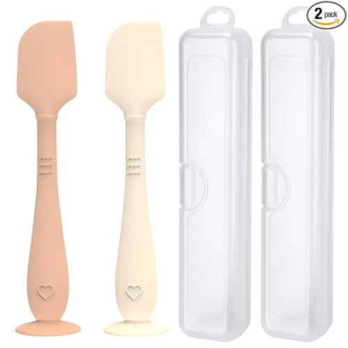 2 Pack Diaper Cream Spatula with Hygienic Travel Case, Butt Spatula Baby with Suction Base, Baby Butt Paste Spatula, Soft Silicone Diaper Rash Cream Applicator Large Size (Brown & Offwhite)