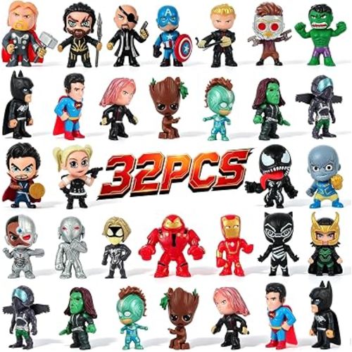 Superhero Action Figures, 32 PCS Super Hero Minifigures, Amazing Collectible Little People Party Favors, Kids Cartoon Heroic Miniatures Birthday Christmas Cake Topper Decorations Gifts Display Playset