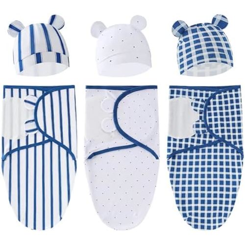 Baby Swaddle Sleep Sack with Hat Set for 0-3 months 3-Pack Soft Cotton Newborn Wearable Swaddle Wrap for Girls Boys
