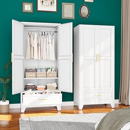 71" H Metal Tall Armoire Wardrobe Closet with Drawer,Household Steel Wardrobe Closet Cabinet with Drawers,Clothing Storage Wardrobe Cabinet with Adjustable Shelves and Hanging Rod for Bedroom