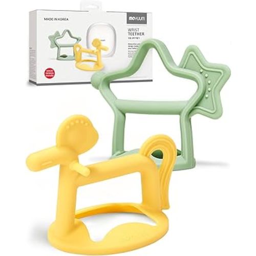 MOYUUM Wrist Teether Gift Set 100% Silicone, Wearable Type Baby Chew Toy Baby Gift for Newborn, Roly Poly Toy, Silicone Teething Toys for Infant and Toddler, Bracelet Type (Star Sage, Pony Yellow)