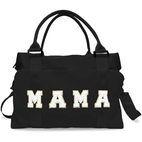 Chenille Letter Duffle Bag, Mama Bag With Patches, Nylon Chenille Letter Embroidered Travel Bag, Lightweight Adjustable Mom Hospital Bag With Zipper for Mothers Day Gifts (Black)