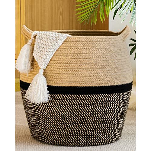 KAKAMAY Woven Baskets for Storage(17"x17"),Large Cotton Rope Woven Baby Laundry Hamper,Collapsible Laundry Basket, Blanket Basket for Organizing Living Room,Nursery,Clothes,Toy chest (Black)