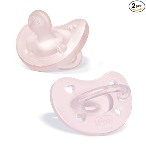 Chicco PhysioForma Silicone Orthodontic Pacifier for Babies 0-6m, One-Piece 100% Soft Silicone, Supports Breathing, Satin-Textured Nipple, Included Sterilizing Case, BPA Free, 2-Pack, Soft Pink