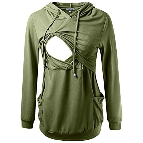 GINKANA Womens Nursing Hoodie Top Sweatshirt Long Sleeve Button Decoration Pockets Shirts Tunic Top
