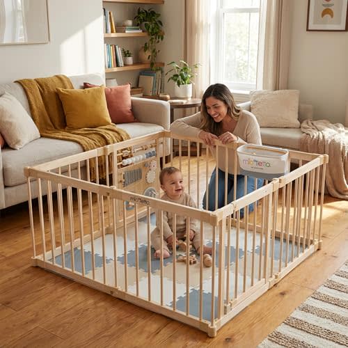Miotetto Baby Playpen, Wooden Playpen for Babies and Toddlers, Foldable Fence with Montessori Activity Panel, Storage Basket & Gate, Portable, Easy to Assemble Baby Play Pen Natural Wood Playyard