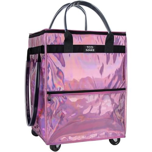 Reusable Grocery Bag on Wheels, Shopping Bags with Wheels and Handle, Folding Rolling Tote Trolley, Zipper Cover, Carries Up to 46 LBS, Waterproof (Medium, Phantom Pink)