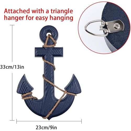 MDLUU Wooden Nautical Ship Steering Wheel, Small Ship Rudder and Anchor Wall Decor Set, 11" Navy Blue Helm Wheel Beach Theme Hanging Ornament