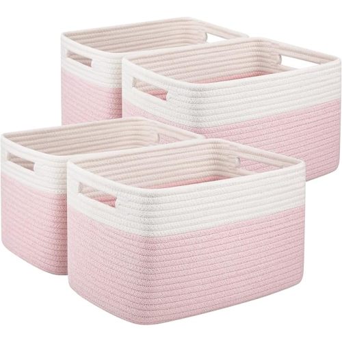 OIAHOMY 4 Pack Storage Baskets for Organizing, Basket for Shelves with Handle, Woven Baskets for Storage Toys, Towels, Books, Cotton Rope Basket 13" L x 9 " W x 7.8 " H, Brown & White