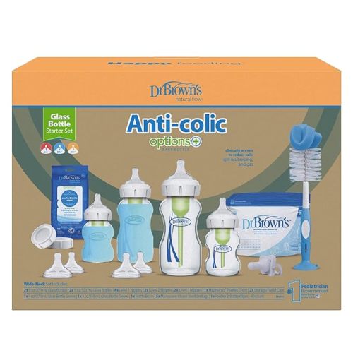 Dr. Brown’s Natural Flow Anti-Colic Options+ Wide-Neck Glass Baby Bottle Starter Set with 100% Silicone Glass Bottle Sleeves, Baby Bottle Brush, Prevent Pacifier and Pacifier and Bottle Wipes