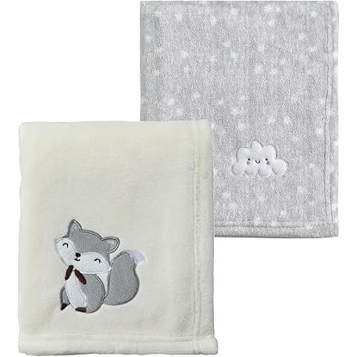 CREVENT 2Pcs 30''X40'' Cute Cozy Fluffy Warm Baby Blankets for Infants Toddlers' Bedding Crib Cot Stroller - Grey Cloud + Fox