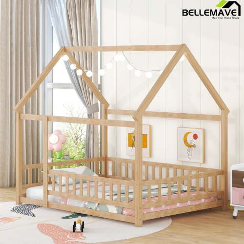 Bellemave Full Floor Bed for Kids, Wood Full Size House Bed Frame with Fence, Montessori Toddler Bed for Kids Girls Boys Teens（Natural)