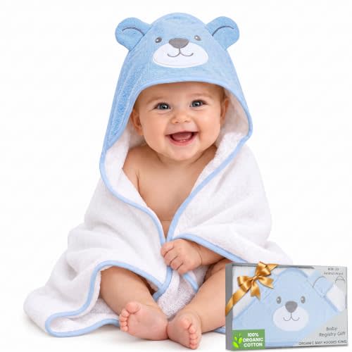 100% Organic Cotton Baby Toddler Bath Hooded Towel Soft 33x33 in | Oeko-TEX Certified, Bath & Hooded Towels, Toddler Bath Towels, Hooded Towels For Baby, Blue Bear, For Baby Boys